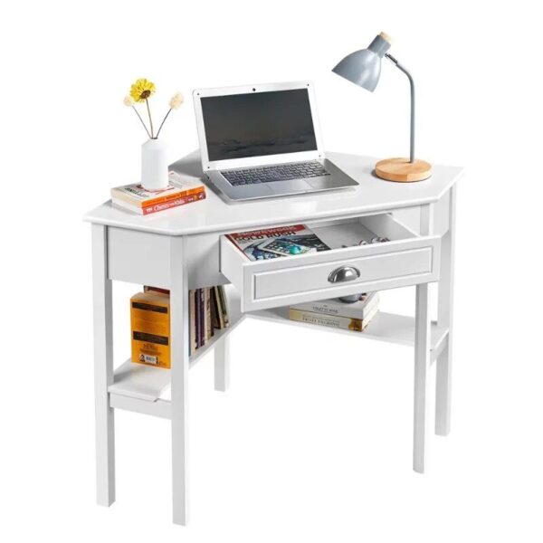 White Corner Writing Desk with Storage Drawer and Shelves - Image 6