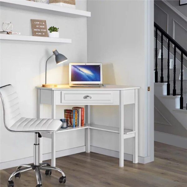 White Corner Writing Desk with Storage Drawer and Shelves - Image 7
