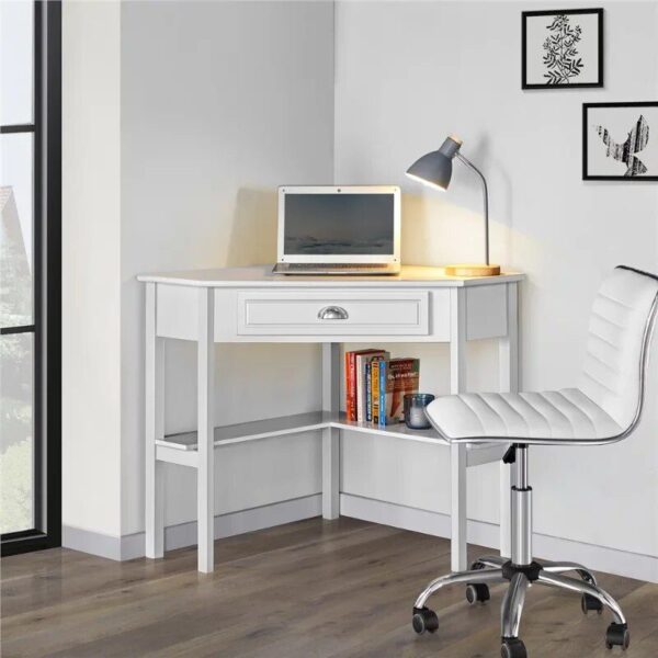 White Corner Writing Desk with Storage Drawer and Shelves - Image 2