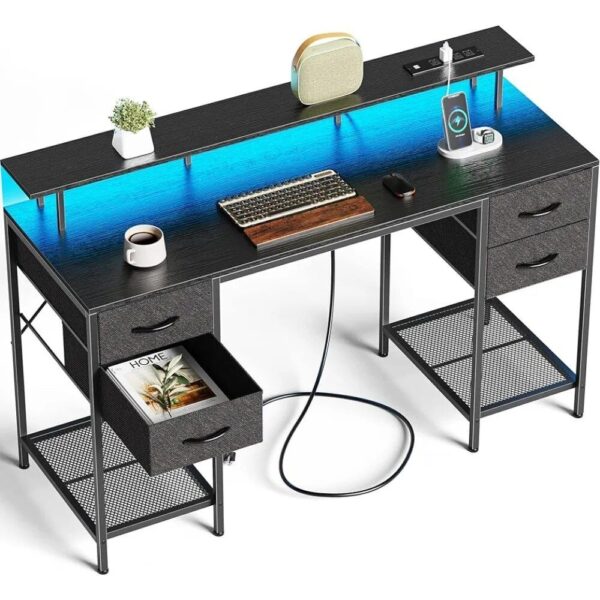 55-inch Multifunctional Computer Desk with LED Lighting and Power Outlets - Image 2
