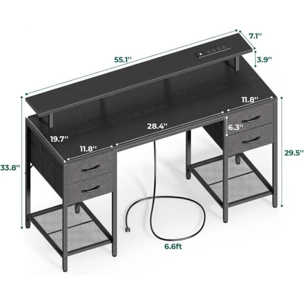 55-inch Multifunctional Computer Desk with LED Lighting and Power Outlets - Image 4