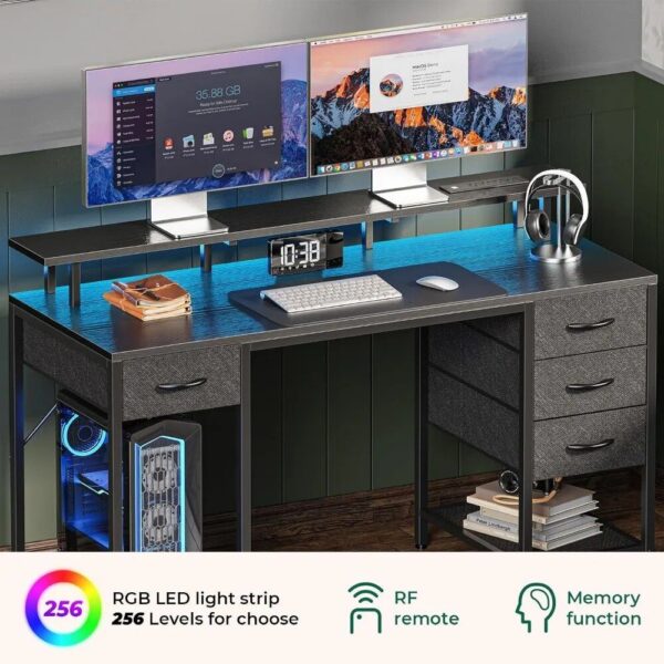 55-inch Multifunctional Computer Desk with LED Lighting and Power Outlets - Image 5