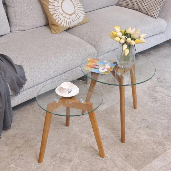 Modern Tempered Glass & Wood Nesting Coffee Tables - Set of 2 - Image 2