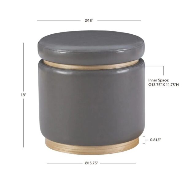 Elegant Gray Faux Leather Storage Ottoman Stool with Natural Pinewood Trim - Image 5