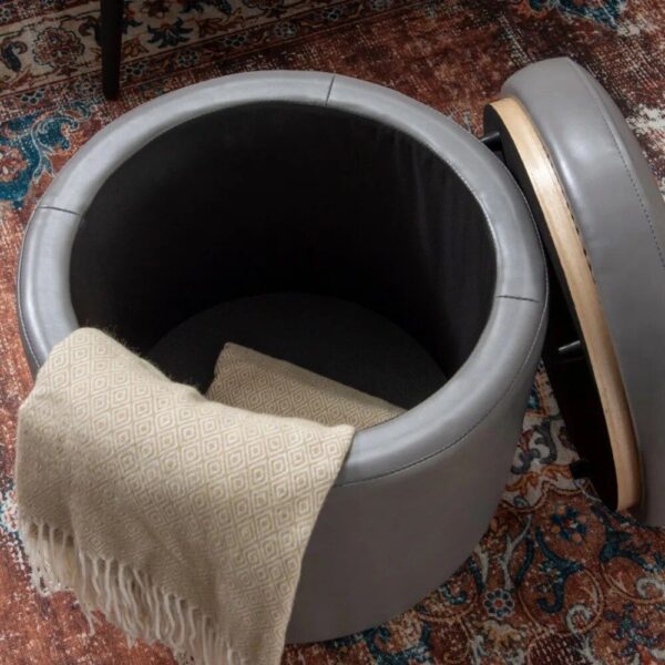 Elegant Gray Faux Leather Storage Ottoman Stool with Natural Pinewood Trim - Image 7