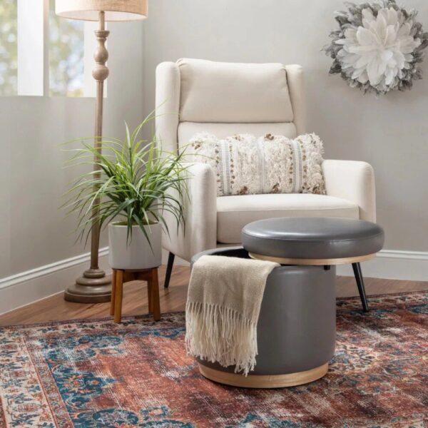 Elegant Gray Faux Leather Storage Ottoman Stool with Natural Pinewood Trim - Image 4