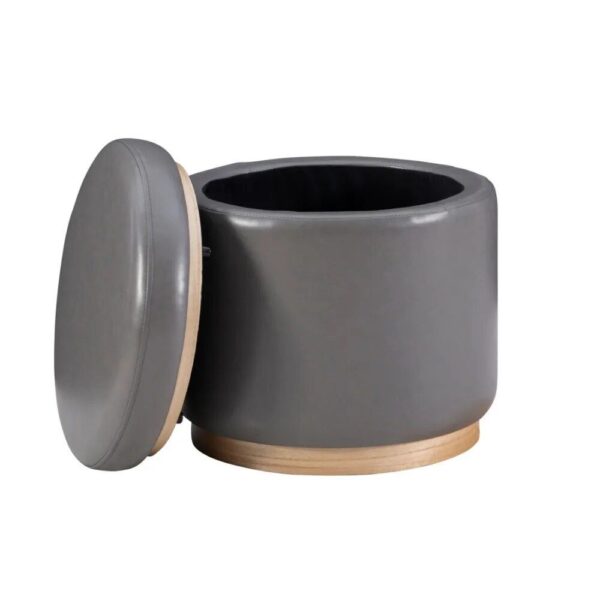 Elegant Gray Faux Leather Storage Ottoman Stool with Natural Pinewood Trim - Image 6