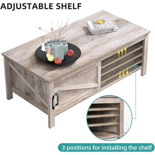 Rustic Gray Wood Coffee Table with Sliding Door and Adjustable Shelf - Image 4