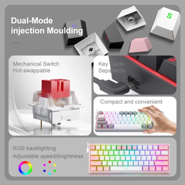 Compact RGB Mechanical Gaming Keyboard - 61 Key, Hot-Swappable Red Switches, USB Mini for PC/Laptop - Image 3