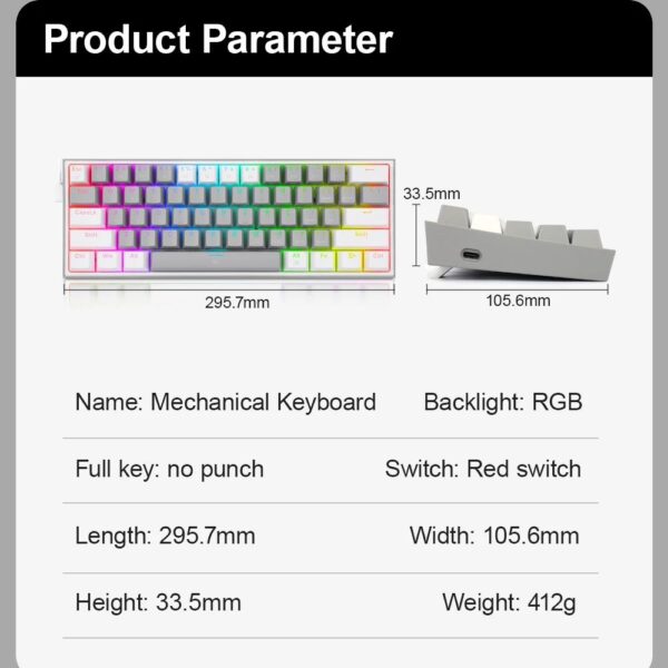 Compact RGB Mechanical Gaming Keyboard - 61 Key, Hot-Swappable Red Switches, USB Mini for PC/Laptop - Image 7