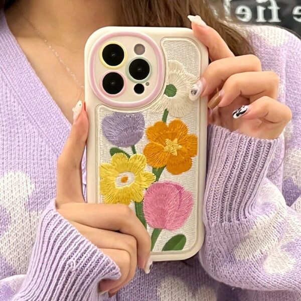 Colorful Embroidery Flower Winter Phone Case for iPhone Series – Soft, Warm & Shockproof - Image 2