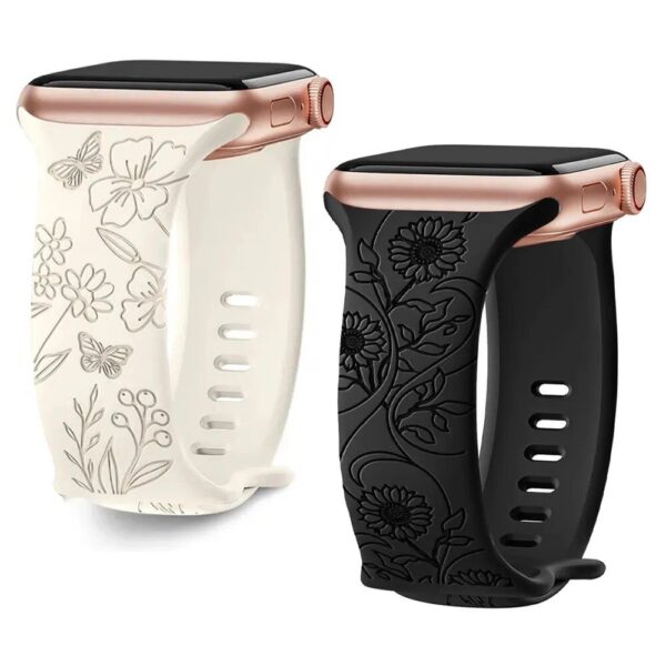 Floral Engraved Silicone Strap for Apple Watch - Fits All Series & Sizes - Image 2