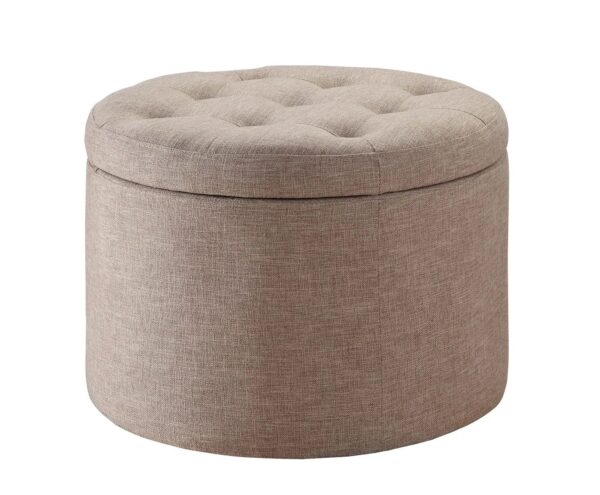 Elegant Tan Fabric Round Ottoman with Shoe Storage and Removable Lid - Image 6