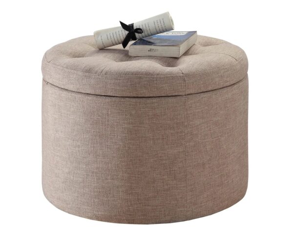 Elegant Tan Fabric Round Ottoman with Shoe Storage and Removable Lid - Image 3