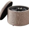 Elegant Tan Fabric Round Ottoman with Shoe Storage and Removable Lid - Image 4