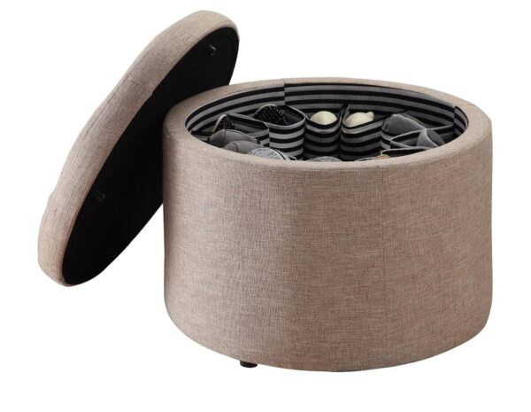 Elegant Tan Fabric Round Ottoman with Shoe Storage and Removable Lid - Image 4