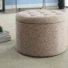 Elegant Tan Fabric Round Ottoman with Shoe Storage and Removable Lid - Image 5