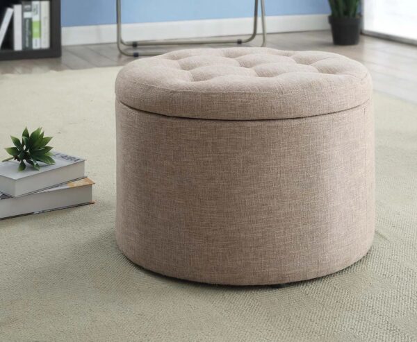 Elegant Tan Fabric Round Ottoman with Shoe Storage and Removable Lid - Image 5