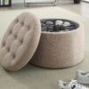 Elegant Tan Fabric Round Ottoman with Shoe Storage and Removable Lid